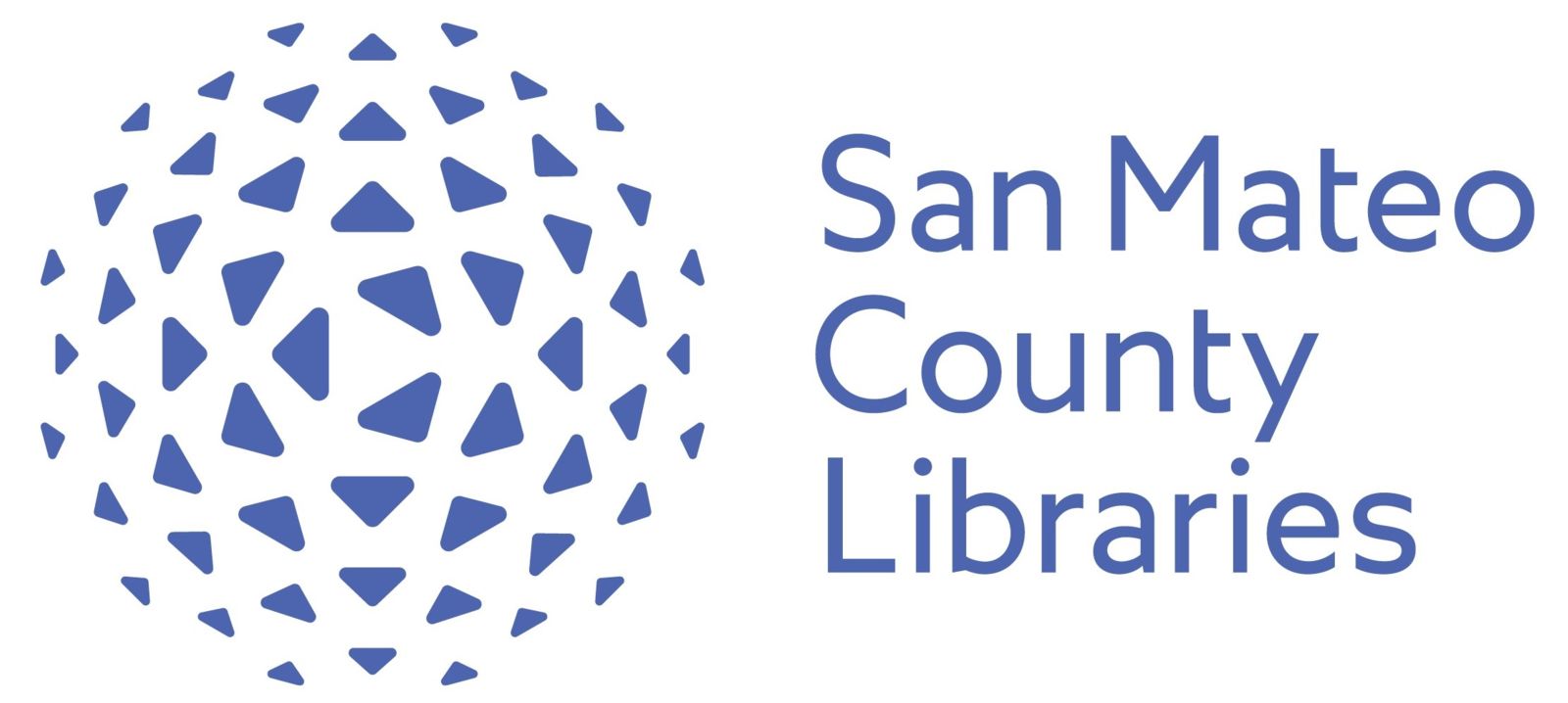 Logo of San Mateo County Libraries featuring a circular design made of blue triangles and the text 